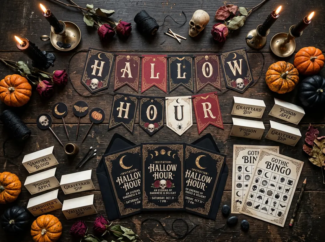 The Midnight Séance printable Halloween party kit laid out on a candle-lit table